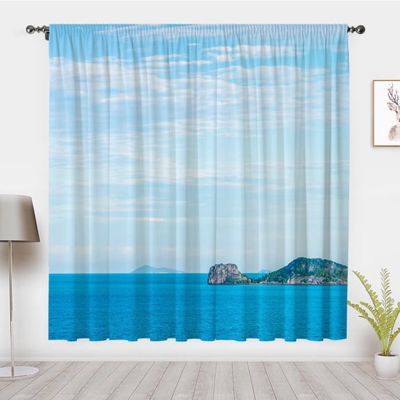 Modern Minimalist Art Curtains, Summer Sea Island Blue Ocean Window Curtains, Ocean Blackout Curtains Window Drapes, Bedroom Privacy Decor(Rod Pocket)