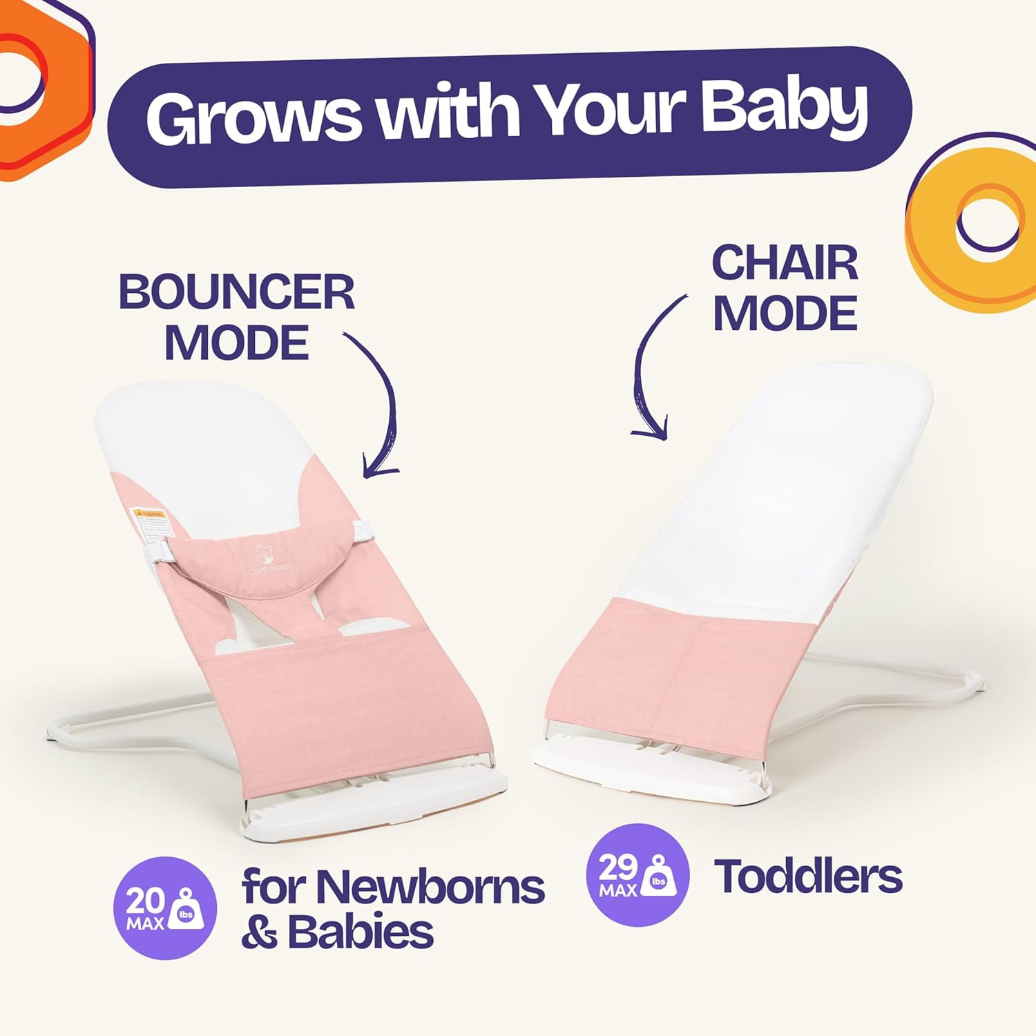 ComfyBumpy Ergonomic Baby Bouncer Seat - Portable Bouncing Chair with Adjustable Height Positions- Pink