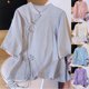 thumbnail image 1 of Fiudx Liquidación de Ofertas Flash Top de Manga Corta con Botones y Cuello Inclinado con Cuello Alto Bordado y Lino para Mujer, 1 of 3