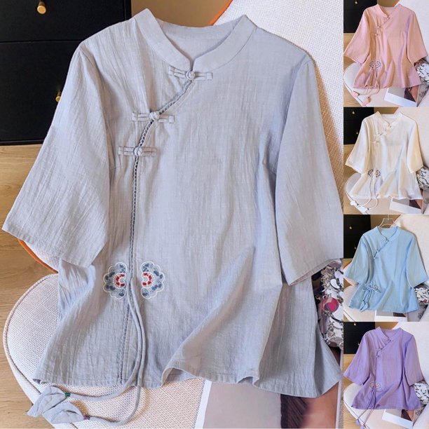 Fiudx Liquidación de Ofertas Flash Top de Manga Corta con Botones y Cuello Inclinado con Cuello Alto Bordado y Lino para Mujer
