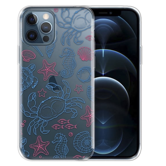 WIRESTER Transparent Soft Gel TPU Clear Case Slim Protective Cover for Apple iPhone 12 Pro Max 6.7" 2020, Seashell Turtle Starfish Pattern (S2)
