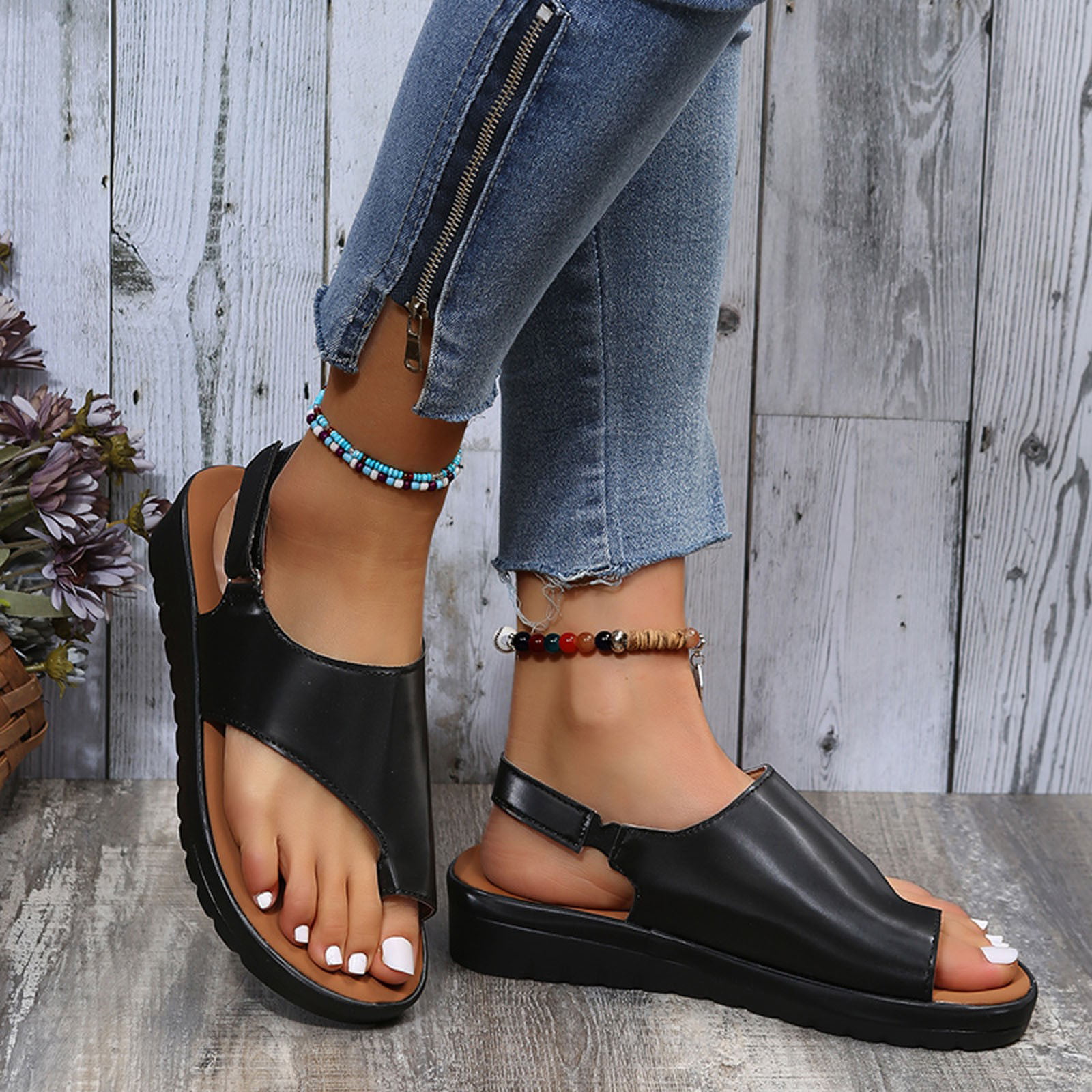 HSMQHJWE Pinch Toe Wide Width Sandals Women's Open Toes Band Ankle Strap Flat  Sandals Summer Low Heel Fashion Sandals Shoes（Black,8.5) 