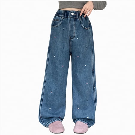 Gubotare Jeans for Girls Wide Leg Girls Baggy Wide Leg Jeans Elastic Waist Casual Washed Denim Pants Size 6-7 (Blue 6-7 Years)