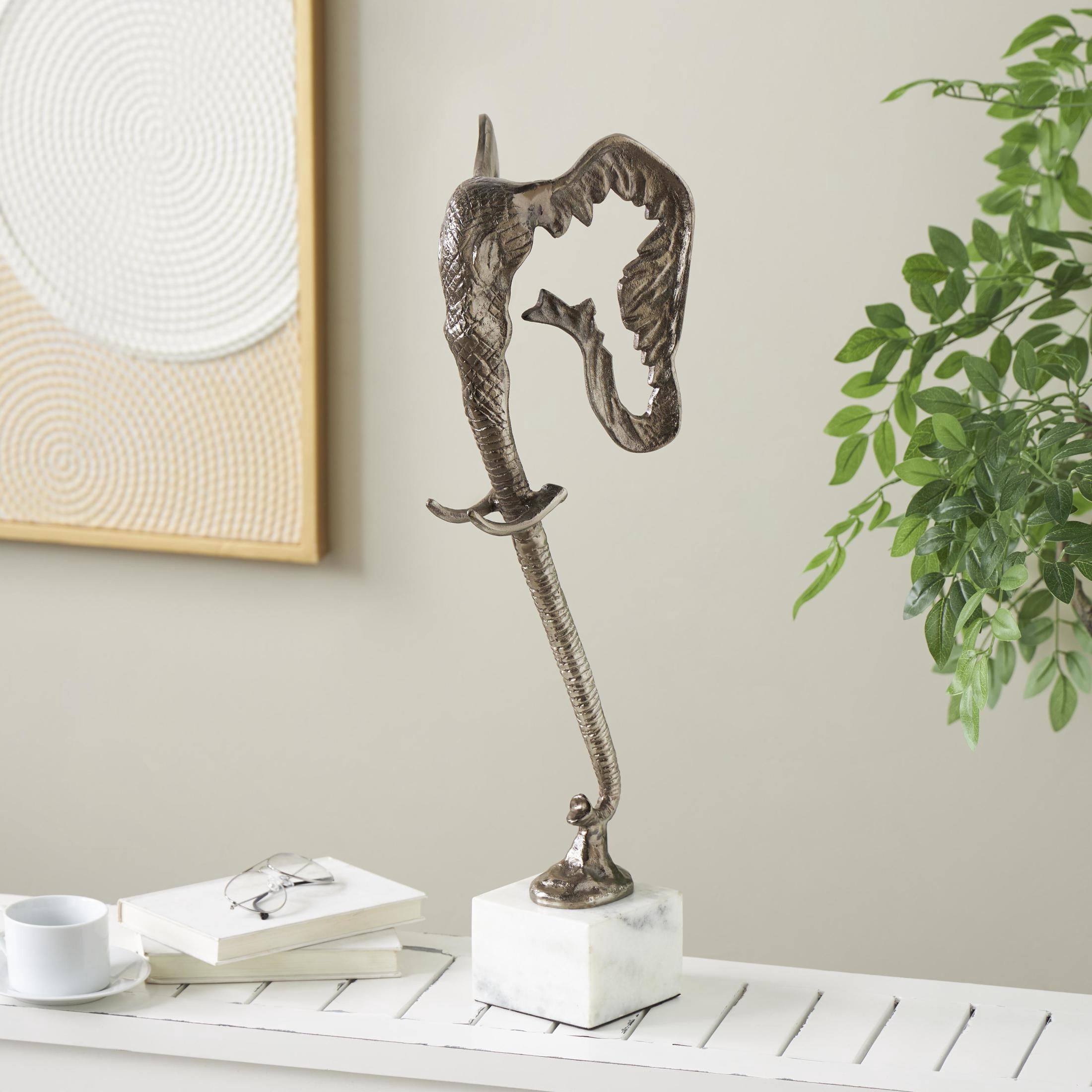 8" x 26" Silver Aluminum Metal Tall Cutout Silhouette Elephant Sculpture with Marble Base, by DecMode
