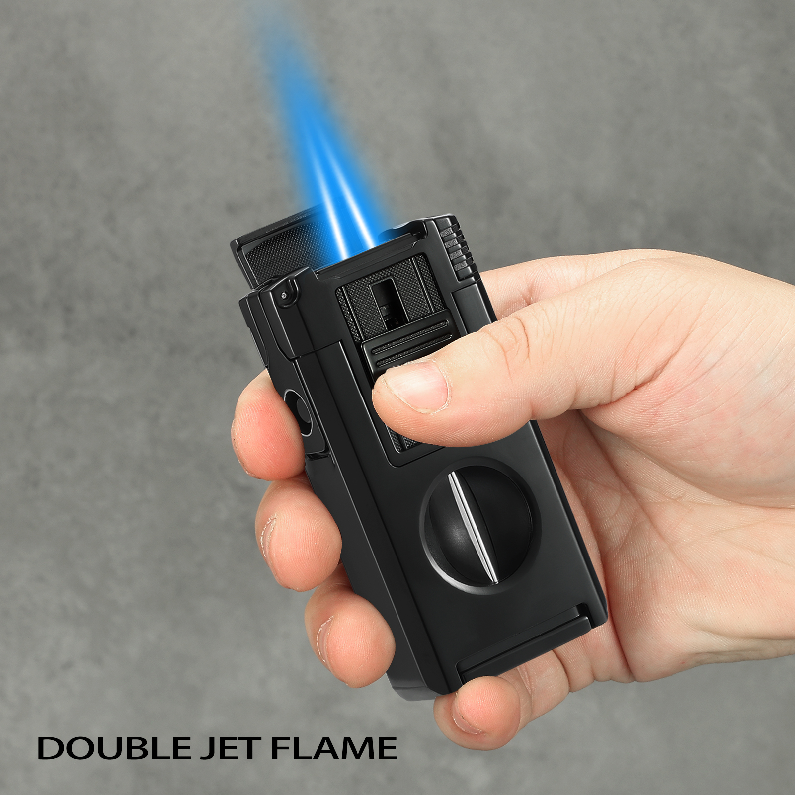 All in One Jet Flame Cigar Torch Lighter Built-in Cutter V Cut, Punch, Holder Function, Draw Enhancer Tool, Refillable and Adjustable Windproof Lighter (Sold Without Gas)