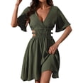 thumbnail image 2 of Nmnitkp Dresses for Women Summer Casual Dress, V Neck Flare Short Sleeve Cutout Waist Smocked Crinkle Fabric A Line Mini Dress, Solid Dress for Beach Vacation & Daily Wear Army Green,L, 2 of 9