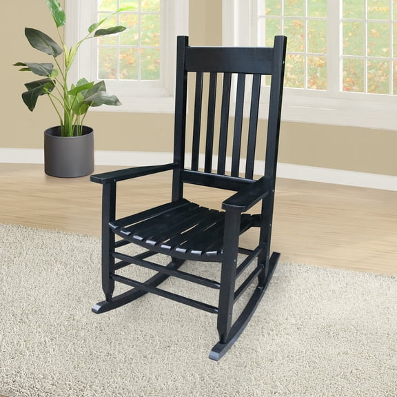 LiviNest Black Wooden Rocking Chair: Solid Hardwood Rocker with Wide Seat & Slatted Back - Comfortable Indoor & Patio Chair for Relaxation Reading & Sunroom