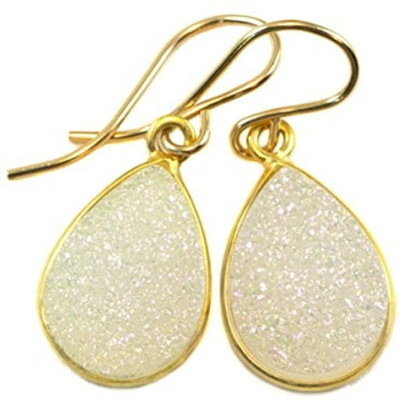 14k Gold Filled Drusy Earrings White Druzy Teardrop Goldtone Bezel Set Simple Drops Designed for Adult Women