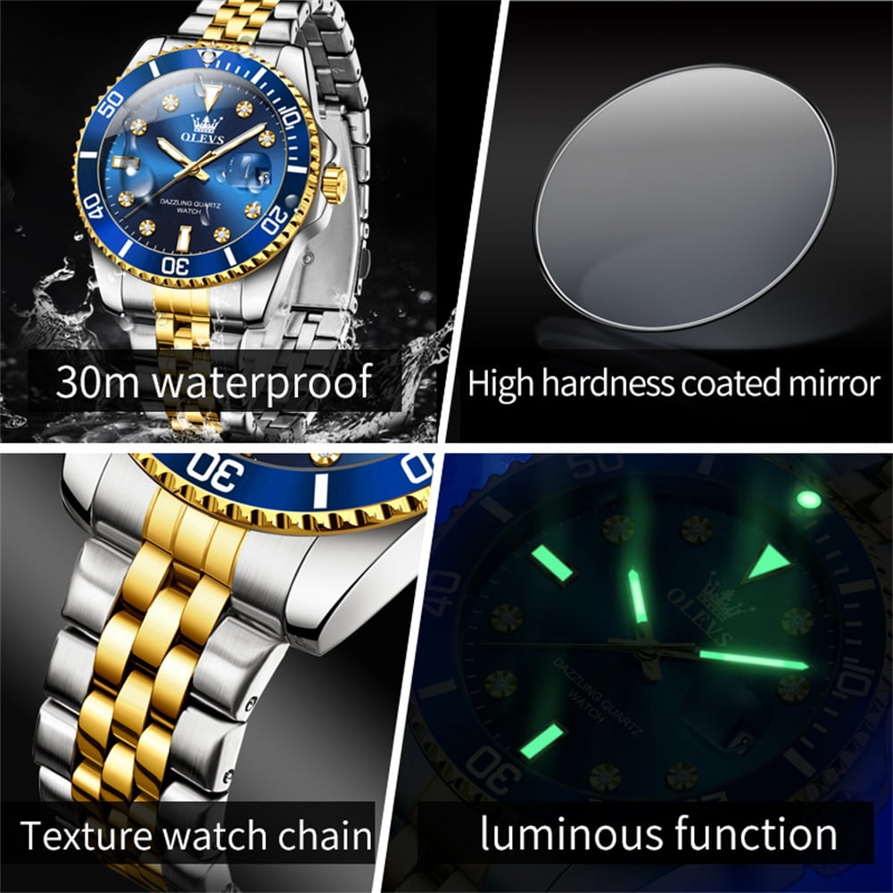 OLEVS Watch for Men Stainless Steel Business Dress Luxury Diamond Big Face Waterproof Mens Watches with Date Analog Wrist Men Watch Reloj para Hombre Blue Dial