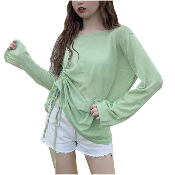 Erwazi Womens Lightweight Sheer Side Tie Swimsuit Cover Up Top Solid Sun Protection Beachwear Coverups