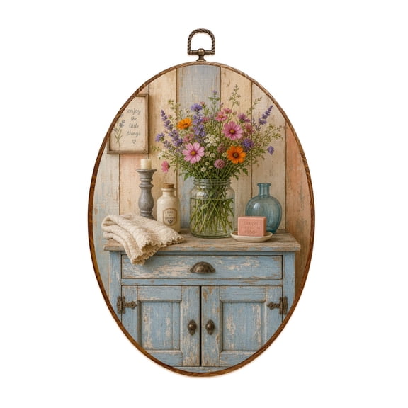 Canvas Wall Art Rustic Wooden Cabinet Pink Floral Cozy Oval Framed Canvas Prints Vintage Bathroom Wall Decor for Home 8.6"x11.4"