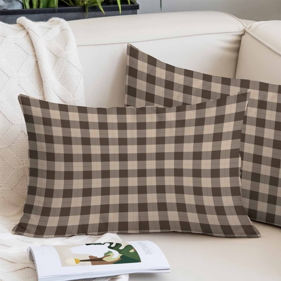 Brown Gingham Throw Pillow Cover, Pillowcase Protectors with Zipper, Breathable Decorative Lumbar Pillow Case Cover, Farmhouse Buffalo Plaid Checkered Pillow Shams for Couch Sofa 12x20Inch