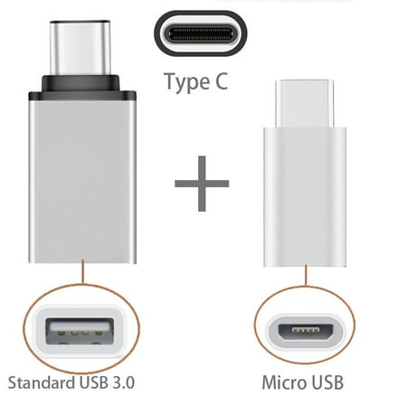 [2 in 1 Pack] Type C OTG, EpicGadget(TM) 1 Type C to USB Adapter + 1 Type C to Micro USB Adapter, Converts/Connects USB Type-C input/output to 3.0 USB/Micro USB, For Power/data/File transfer (Silver)