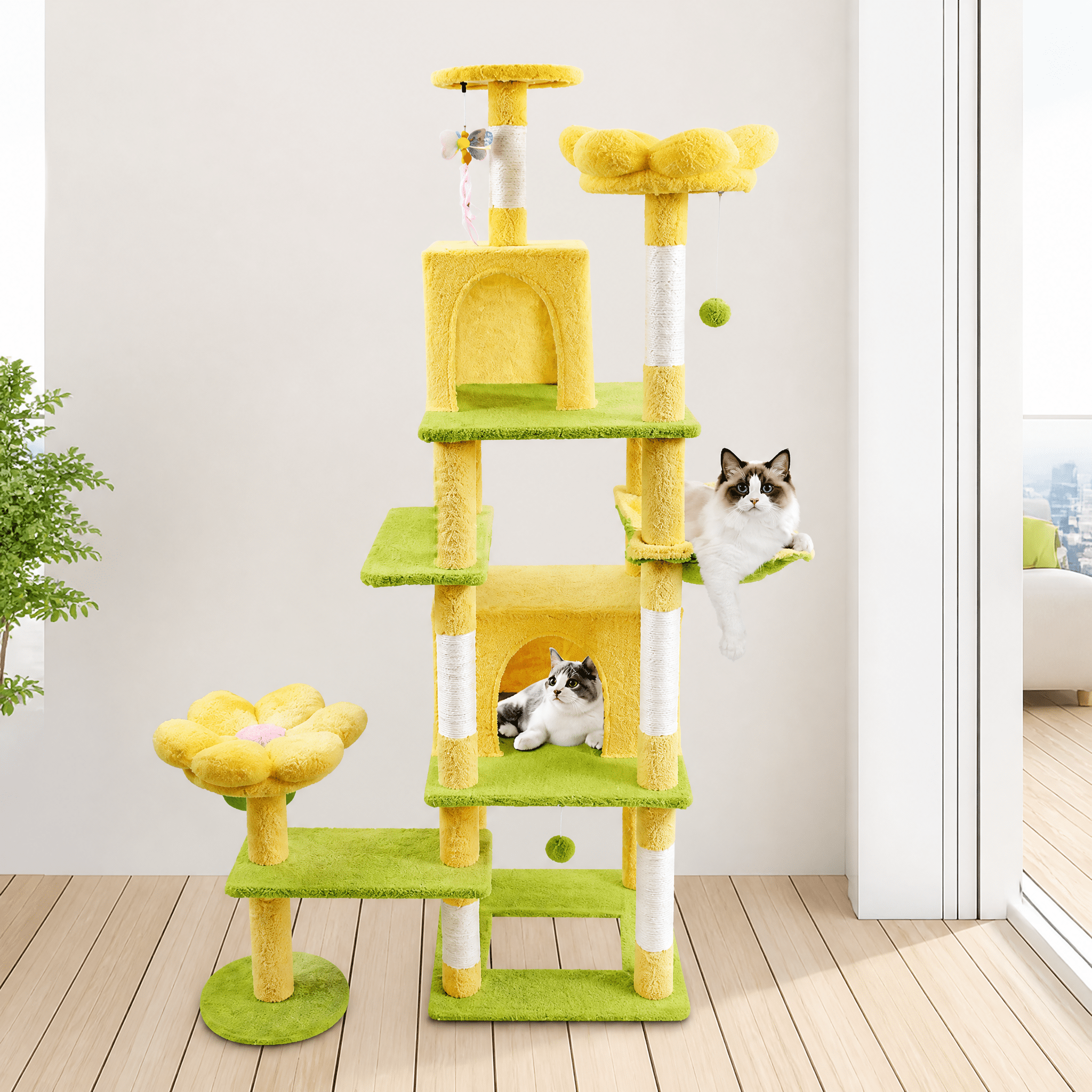 71 Inch Yellow Floral Cat Tree, 7-Level Large Cat Tower with Spacious Condo, Removable Flower Cushion & Hammock, Natural Sisal Scratching Posts for Large & Multi-Cat Families