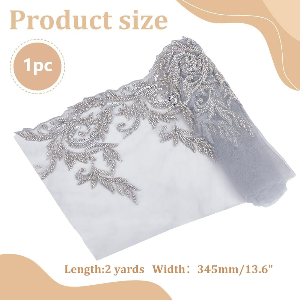 2 Yards Silvery 3D Lace Applique Width 13.6 Inch Floral Lace Rhinestone Beaded Sewing Fabric Applique Decor for DIY Sewing Clothing Flowers Applique Embroidery Patches Fabric for Wedding Dress