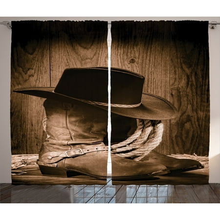 Western Decor Curtains 2 Panels Set, Wild West Themed Cowboy Hat and Old Ranching Rope On Wooden 