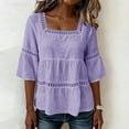 thumbnail image 5 of Edvintorg Blouses for Women Casual Square Neck 3/4 Sleeve Loose Cotton and Linen Pullover Tops Women Shirts Purple M, 5 of 6
