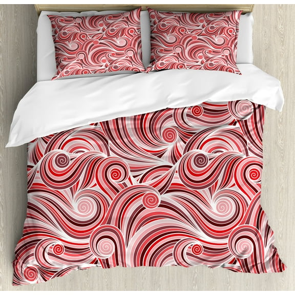 East Duvet Cover Set, Floral Retro Pattern Doodles Design Art Abstract Waves Illustration, Decorative 3 Piece Bedding Set with 2 Pillow Shams, Calking Size, Mauve Rose Red, by Ambesonne