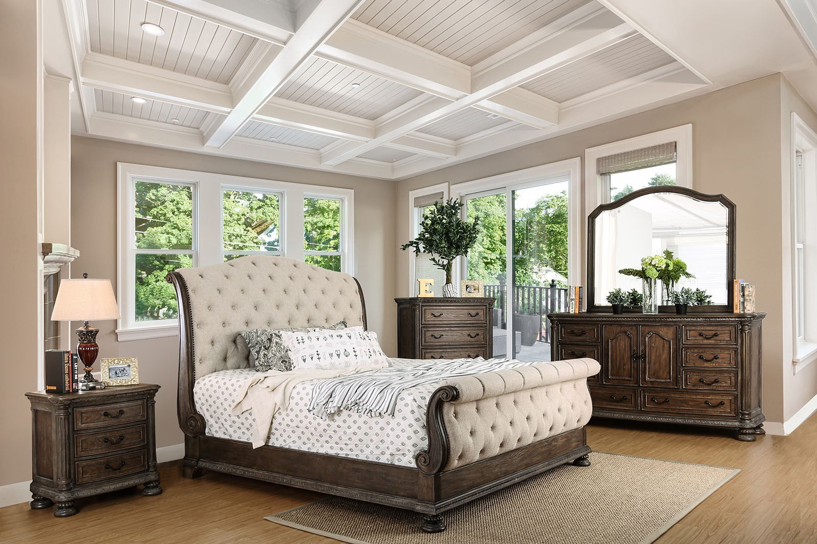 Photo 1 of **Headboard only**
Luxury Stylish Traditional Intricate Wood Carving Rustric Natural Tone Finish Eastern King Size Sleigh Bed Dresser Mirror Nightstand 4pc Set Tufted Fabric HB FB