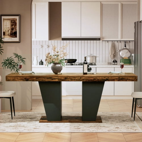 63" to 78.7" Extendable Rustic Dining Table, Mid-Century Modern Wood Kitchen Table with Storage Shelves, Seats 8-10, Rustic Brown & Black