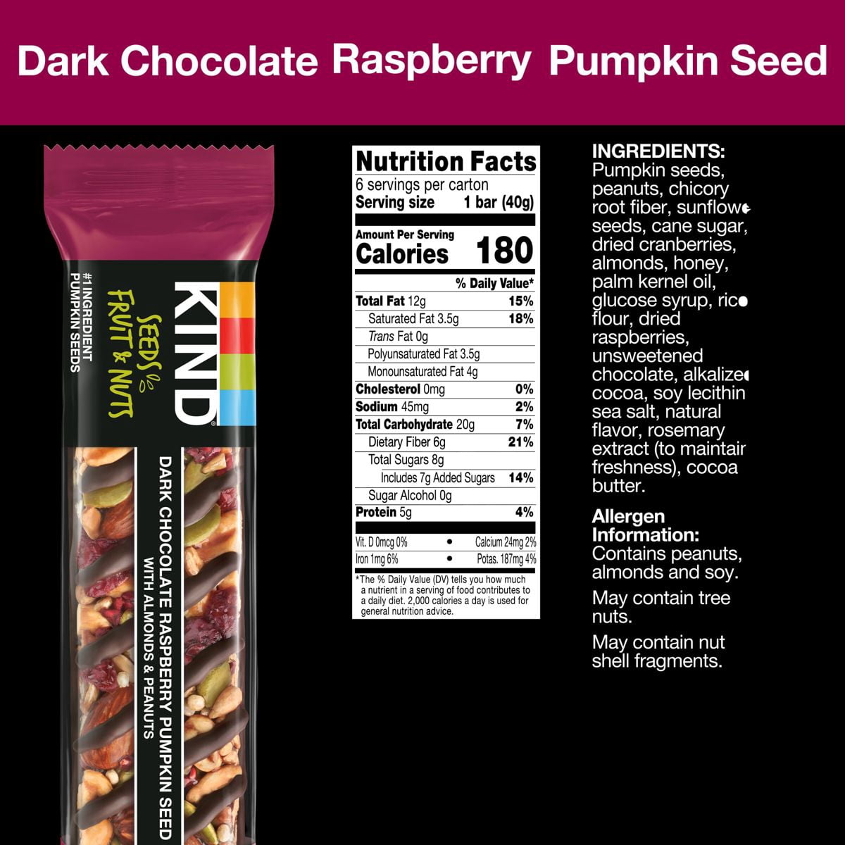 KIND Bars Dark Chocolate Raspberry Pumpkin Seed Gluten Free Snacks - 6ct - Pack of 2