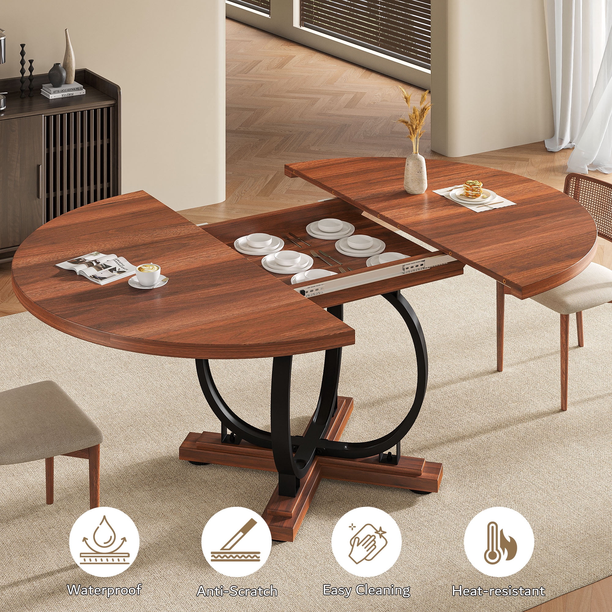 Einhomn 59”Extendable Round Dining Table for 4-8 ,Dining Room Table with X-Shaped Heavy Duty Metal Base,Thickened MDF Board,Modern Kitchen Dining Table,Space Saving,Walnut
