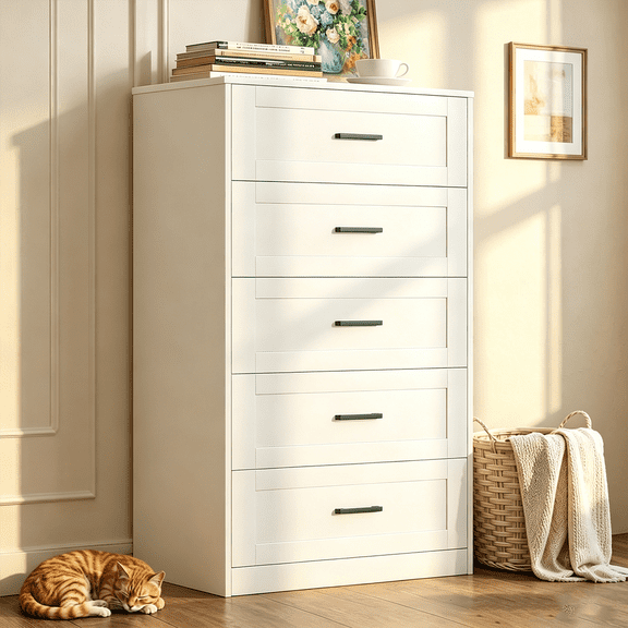 Winkalon White 5 Drawer Dresser, Chest of Drawers for Bedroom, Modern Storage Cabinet Dresser Organizer Unit with Handle for Living Room, Closet, Hallway