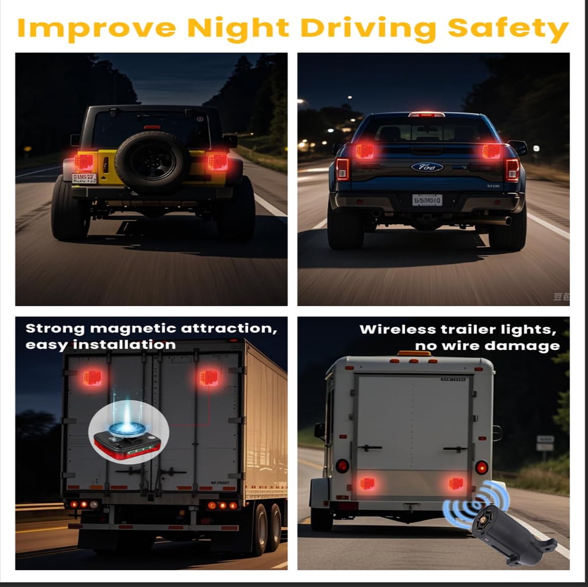 Fazipu Wireless Trailer Lights Magnetic,Wireless Trailer Lights,2025 New Led Wireless Tail Lights for Trailer,Rechargeable Towing Light Kit with Powerful Suction Base for Trucks,Boat,RV,Vehicle