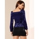 thumbnail image 5 of Blusa De Terciopelo De Color Sólido De Manga Larga Con Cuello Cuadrado Y Traje Navideño Para Mujer Azul oscuro XS, 5 of 6