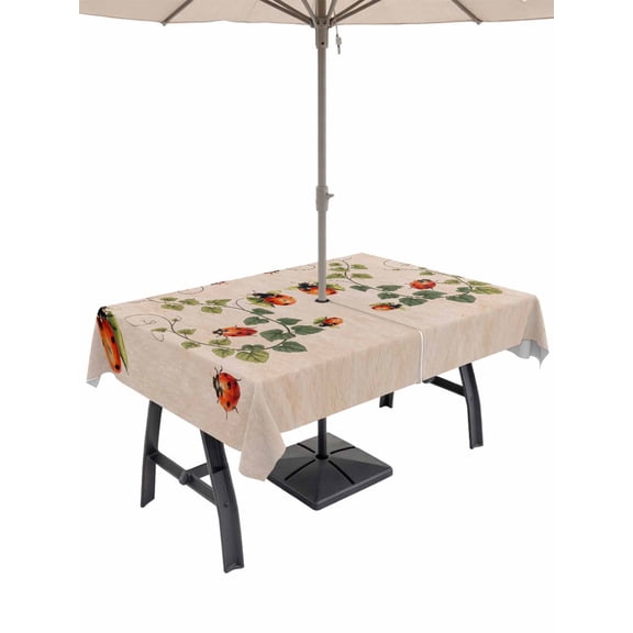Outdoor Tablecloths with Umbrella Hole & Zipper, Ladybugs Eucalyptus Leaves 60 x102 Inch Rectangle Tablecloths, Spring Botanical Vintage Waterproof Table Cloth, Patio/Pool/Picnic Table Covers