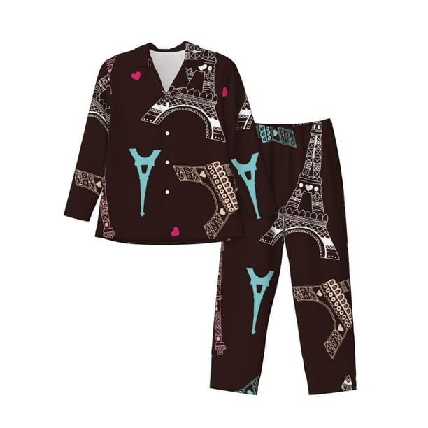 Balery Eiffel Tower Pijama para Hombre de Dos Piezas con Manga Larga, Conjunto de Dormir y Descanso Suave con Bolsillos-Medium
