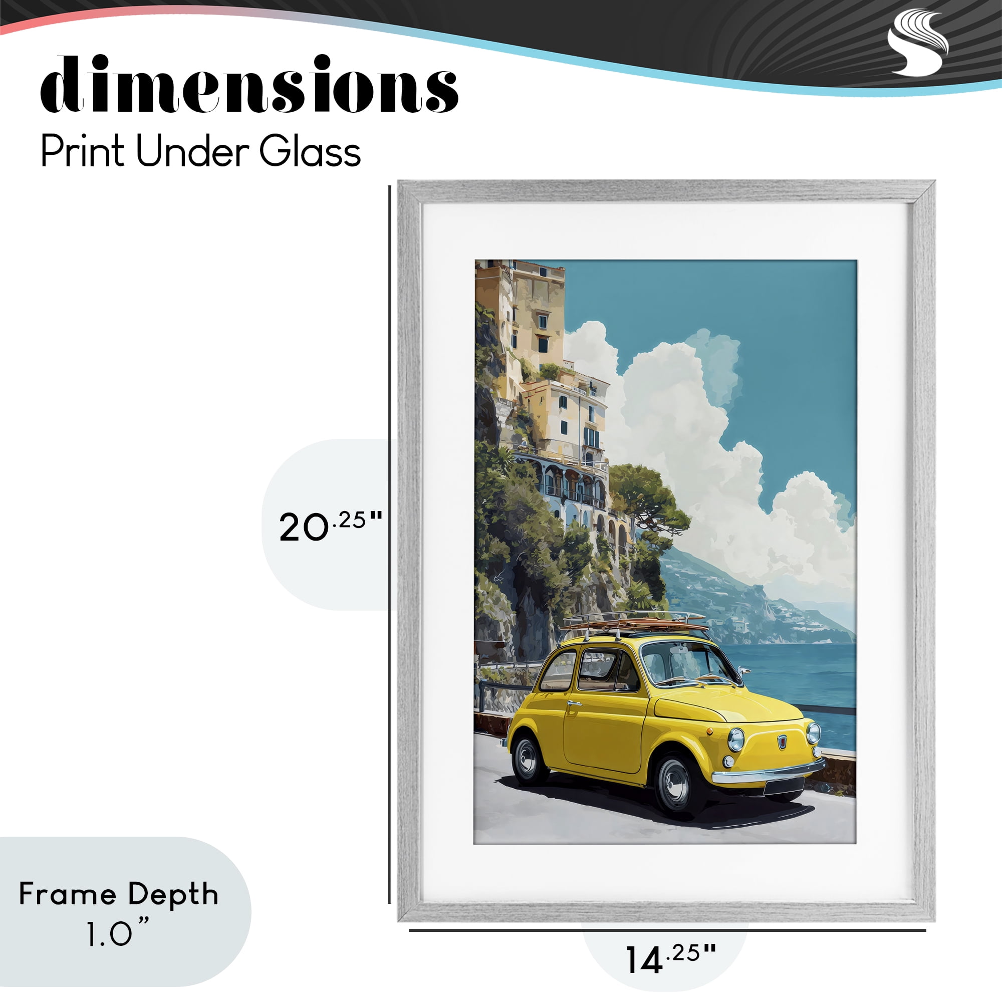 Stupell Industries Yellow Car on Coast Gray Framed Print Under Glass, design by Petal Prints Design