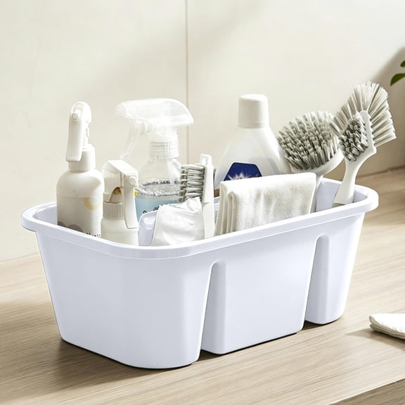 Portable Multi-Compartment Storage Tote, Plastic Divided Organizer with Handle, Small Household Supply Sorting Basket for Bathroom Kitchen Cosmetics Tools Craft