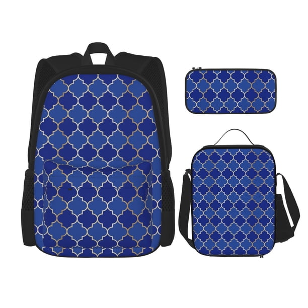 Balery Blue Gold Grid Lantern Shapes Mochila escolar 3 en 1 para niños: mochila resistente con lonchera térmica y estuche para lápices. Mochila escolar para niños y niñas.