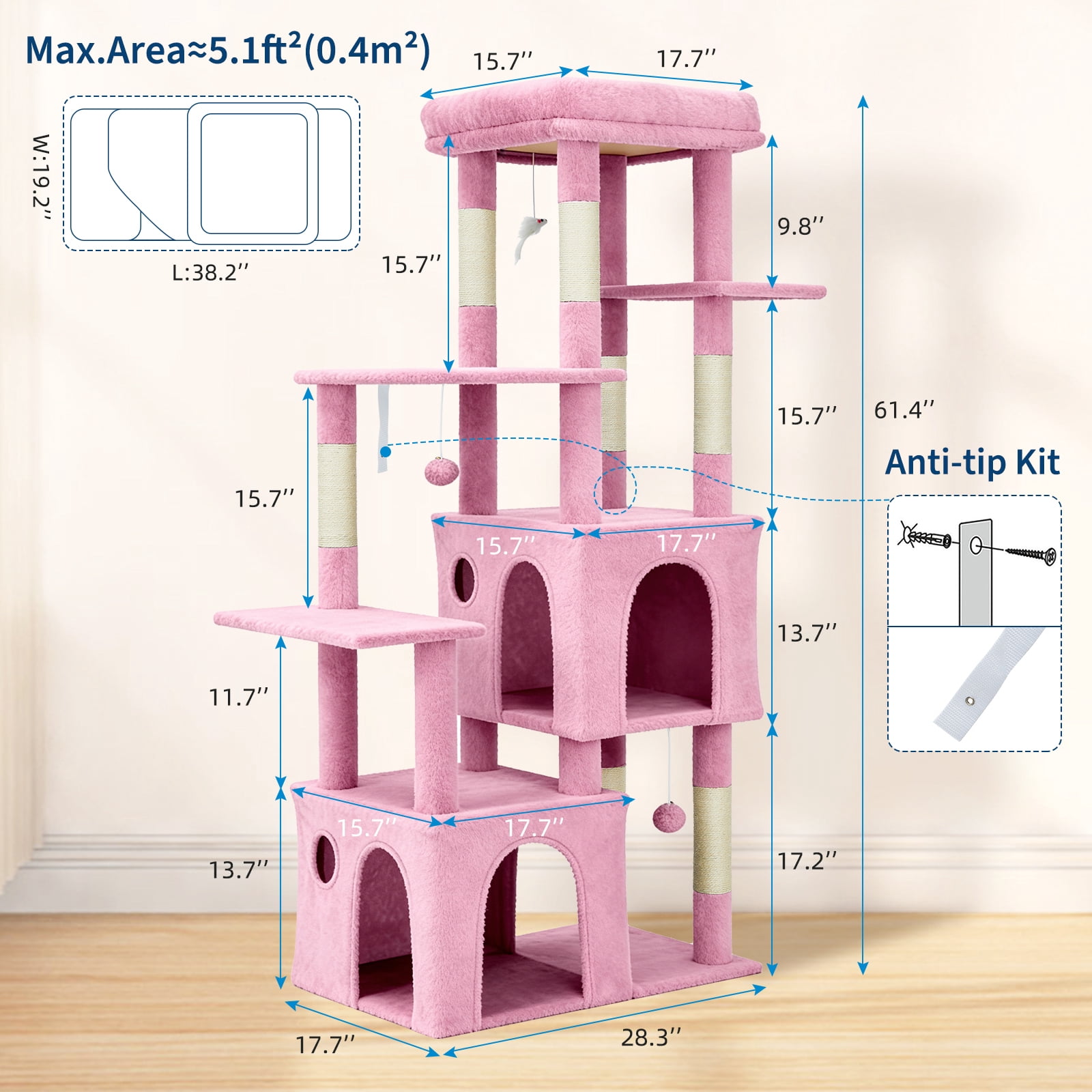 BouPower 61" Multi-Level Cat Tree Tower, Dark Grey Heavy-Duty Cat Condo with Oversized Perch, 2 Spacious Condos, Natural Sisal Scratching Posts and Play Toys for Large Adult & Maine Coon Cats