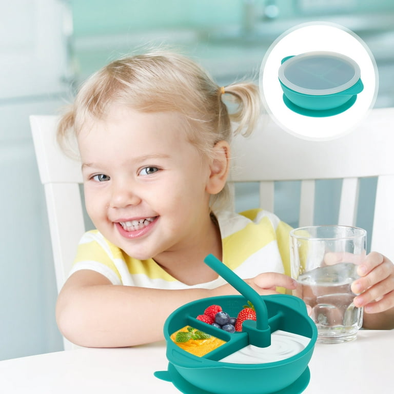 1PC Portable Silicone Dinner Plate Baby Feeding Suction Cup Bowl with Straw  Stylish One-piece Baby Bowl Drop Resistance Baby Bowls for Home Use Green 