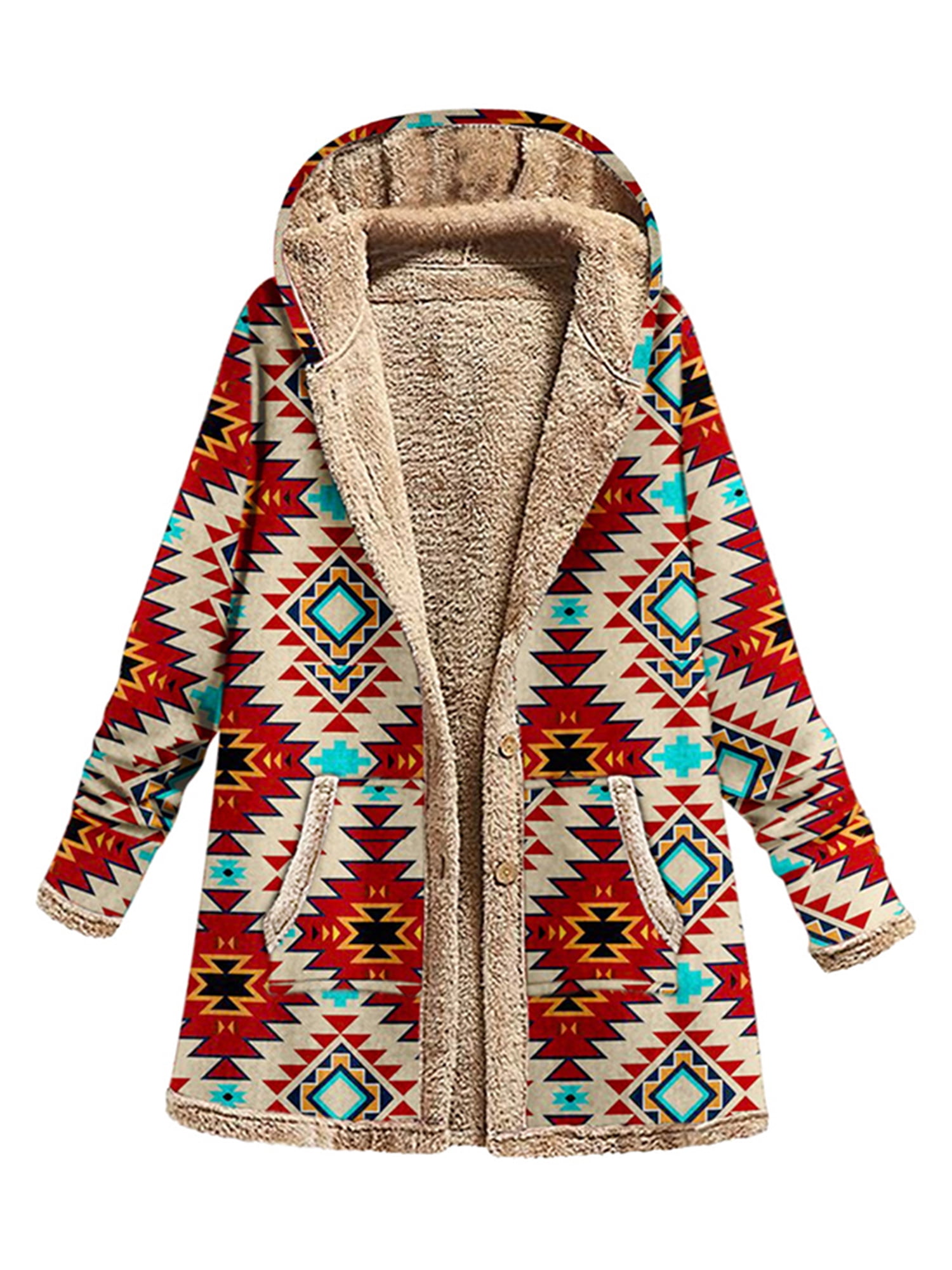 Women Hooded Overcoat Large Size Loose Ethnic Style Print Cardigan Coat Winter Warm Cozy Long Woolen Button Outwear