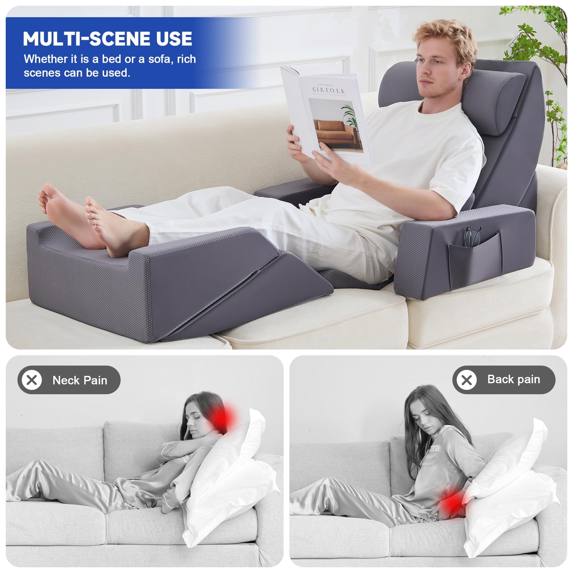 Wedge Pillow Set  9pcs Adjustable Memory Foam Neck Leg Reading With Breathable Seersucker Dark Grey