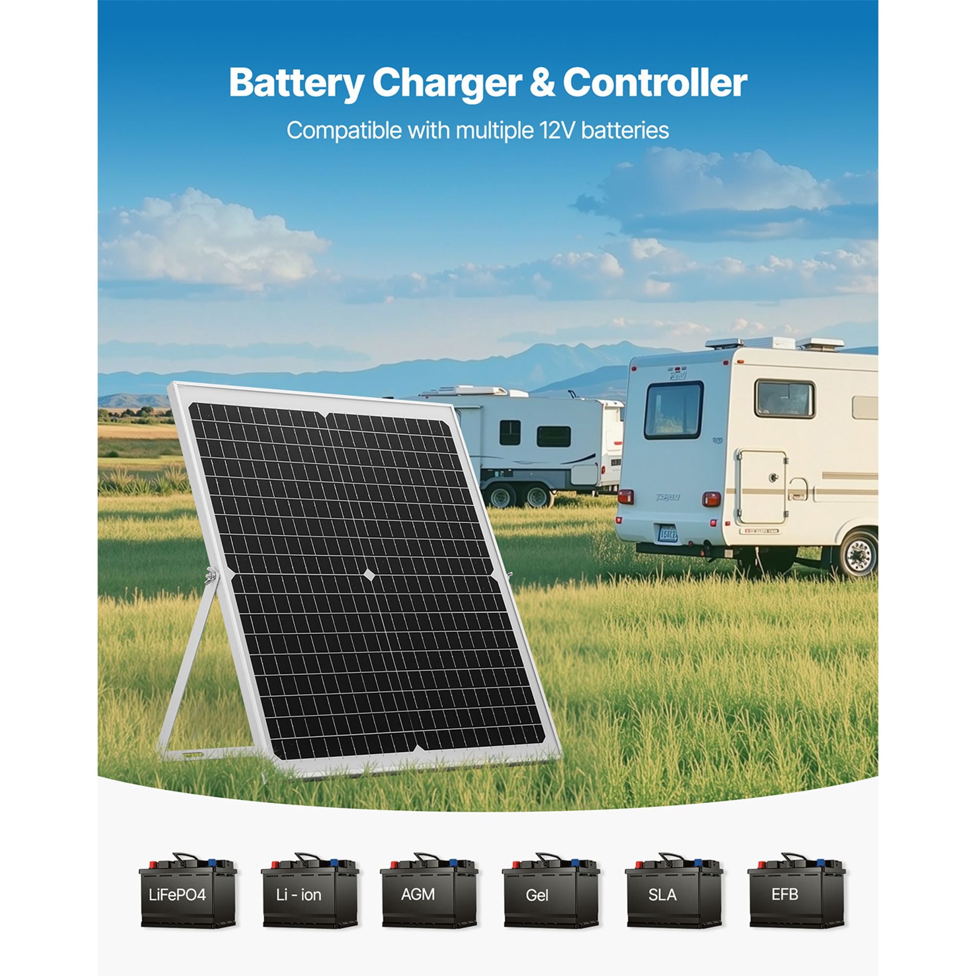 30W 12V Solar Panel Battery Charger, Monocrystalline, MPPT Controller, IP65 Waterproof, Adjustable Mount Bracket, for Car, RV, Boat, Motorcycle & Gate Opener