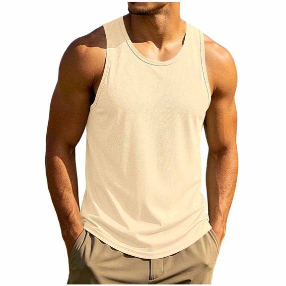 BangWanChi Man Solid Color Casual Fashion Collar Tank Top Base Layer Top Beige L