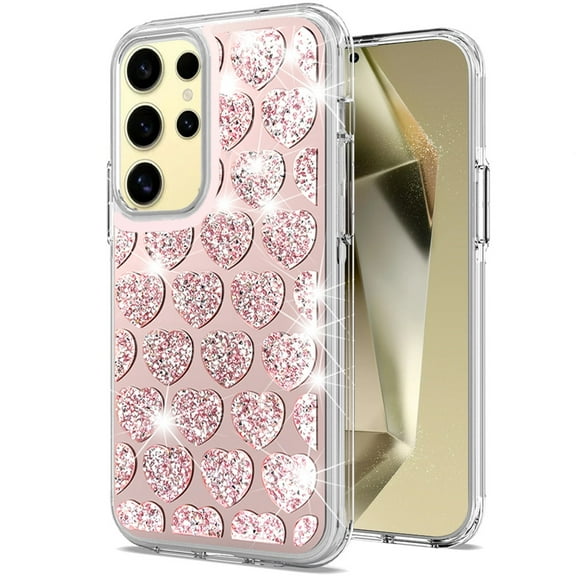 For Samsung Galaxy S25 /S25 Plus /S24 Plus Case, Sparkly 3D Design Diamond Shockproof Protective Bling Glitter Rhinestone Hybrid Skin PC & TPU Phone Cover (Heart Pink)