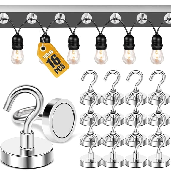 DIYMAG 16 Pcs Outdoor Hooks for Hanging String Lights, Cruise Cabin Ship Essentials, 120lbs Heavy Duty Strong Magnets for Outside Grill