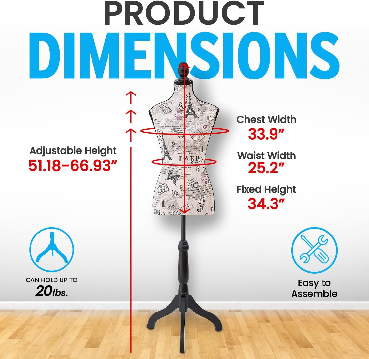 Mannequin - Adjustable Height, Durable Foam and Canvas Construction, Wooden Base, Compact Shoulder Width, Lightweight, Versatile Display for Clothing and Accessories, Black & White