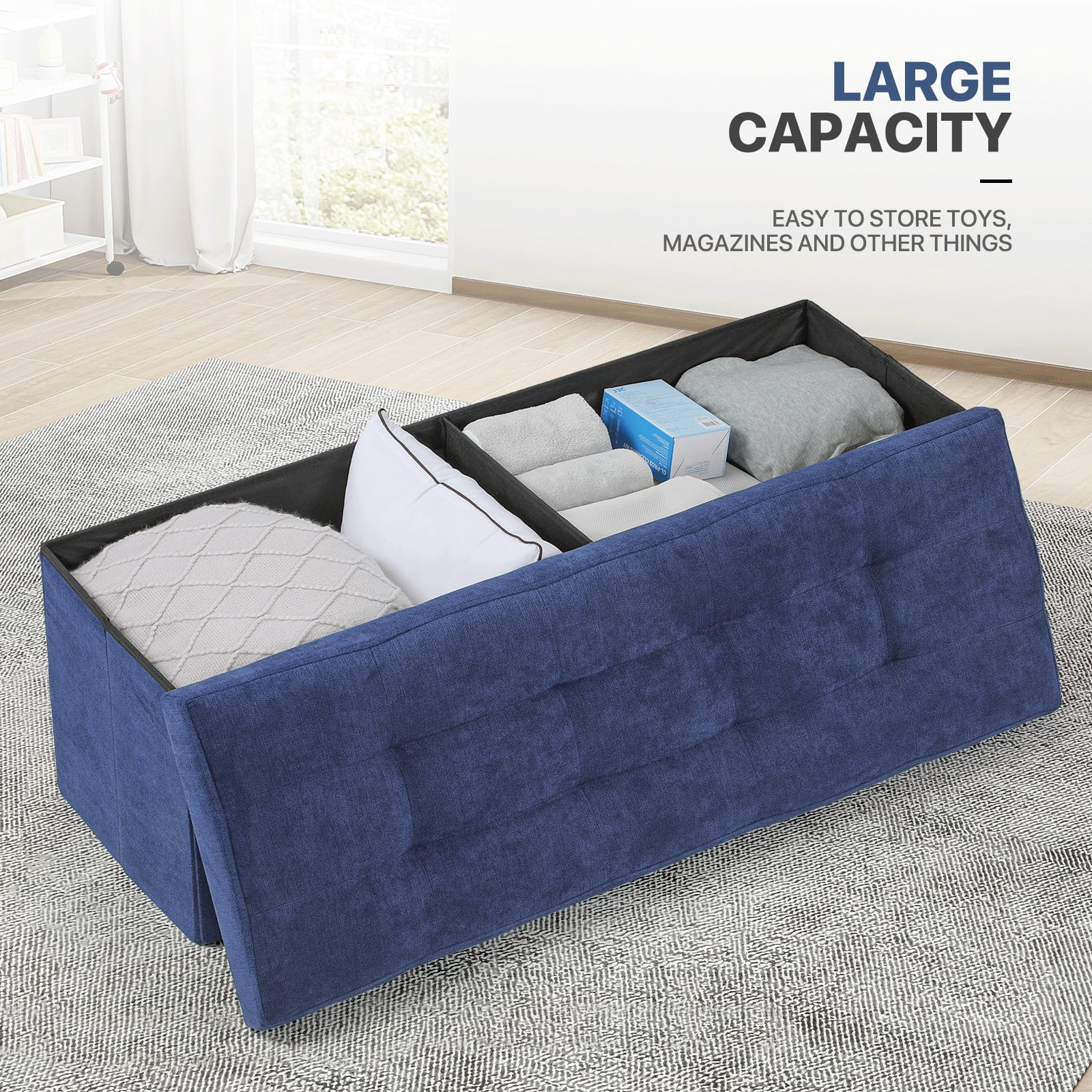 MoNiBloom 43" Collapsible Ottoman with Storage, Cotton-linen Storage Ottoman Bench, Modern Storage Footstool for Living Room Bedroom Entryway, Navy Blue