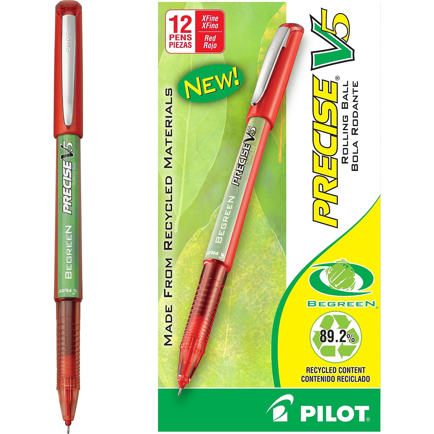 Precise V5 BeGreen Rollerball Pen Stick Extra-Fine 0.5 mm Red Ink Red Barrel Dozen 26302