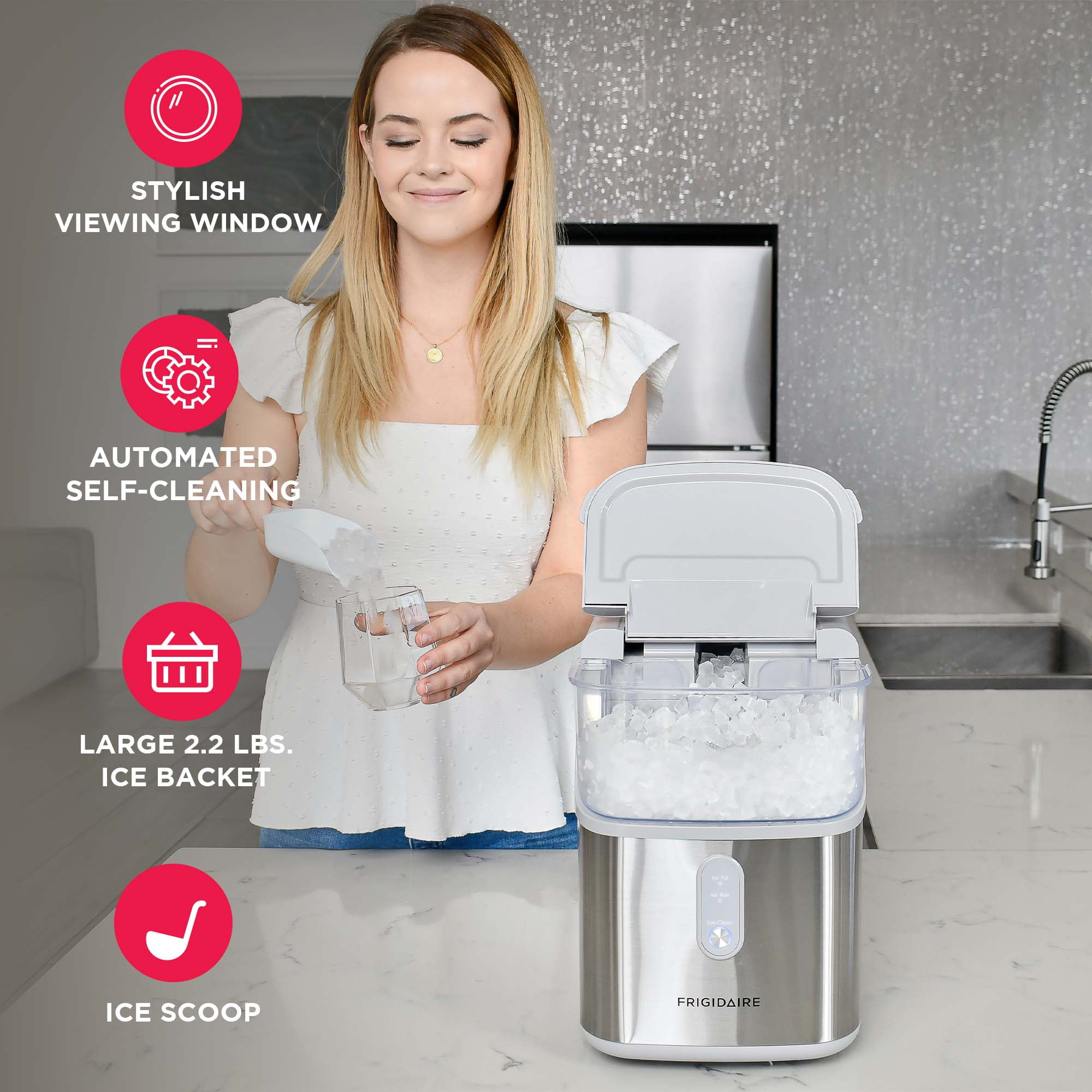 Frigidaire 33 lbs. Countertop Nugget Ice Maker, Self-Cleaning Ice Machine with Touch Controls, Stainless Steel