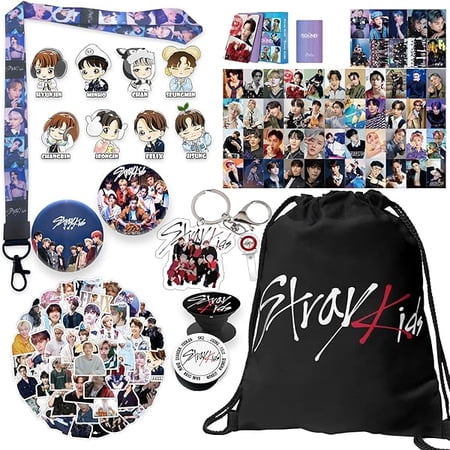 Straykids Album Merch Set for Fans, Including Straykids Photocards, Keychain, SKZ Pins, Lanyard, 2 PCS Phone Ring Holder, Drawstring Bag