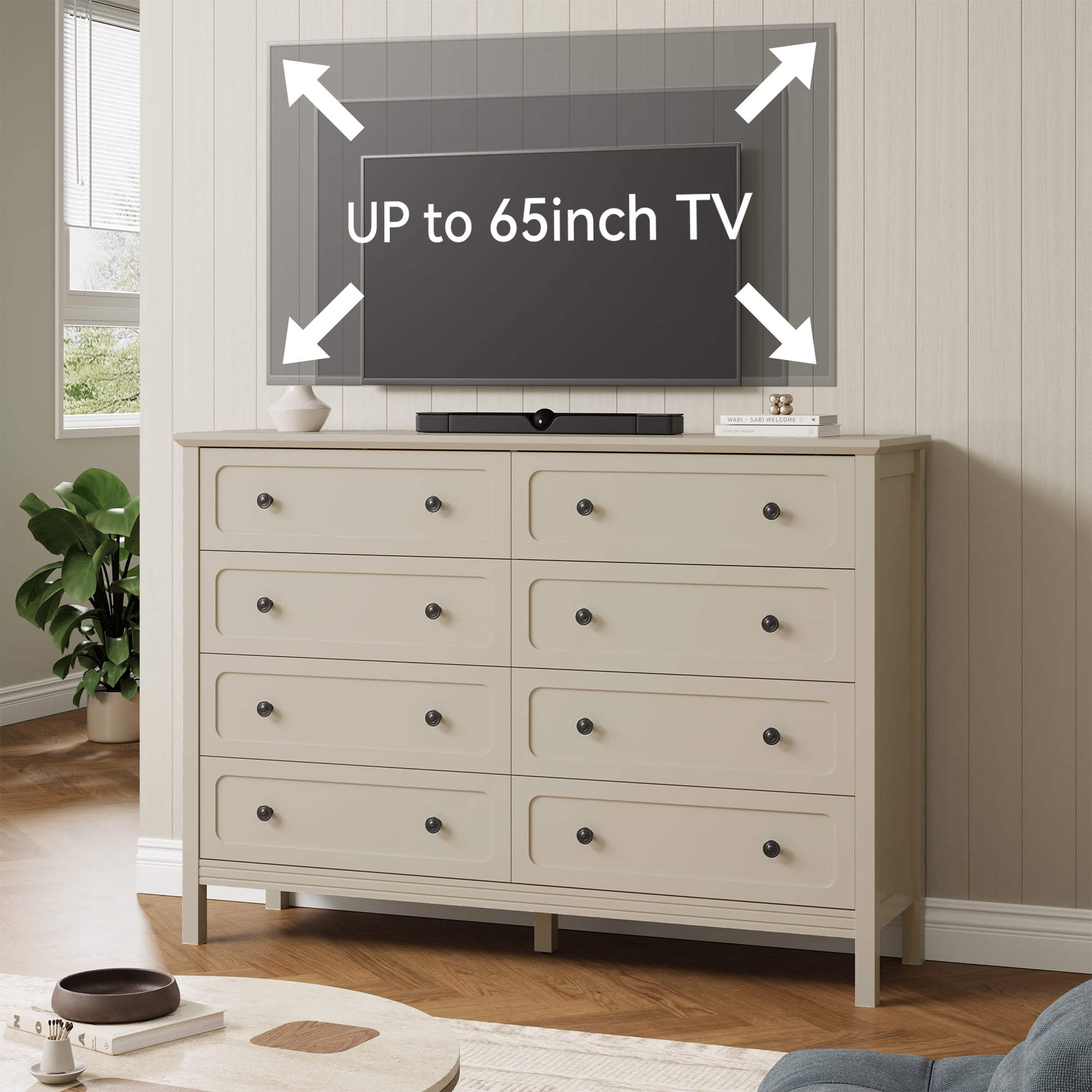 YouTrend 8-Drawer Dressers for Bedroom,55.1"Width Modern Chest of Drawer with Metal Handlesfor Living Room,Hallway,Entryway,Beige