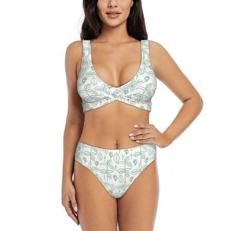 Zeuib Leaf Print High Waisted Tummy Control Bikini Set - Knot Front Push Up Top & Cheeky Thong Bottom  Two-Piece Swimsuit for Women-XX-Large