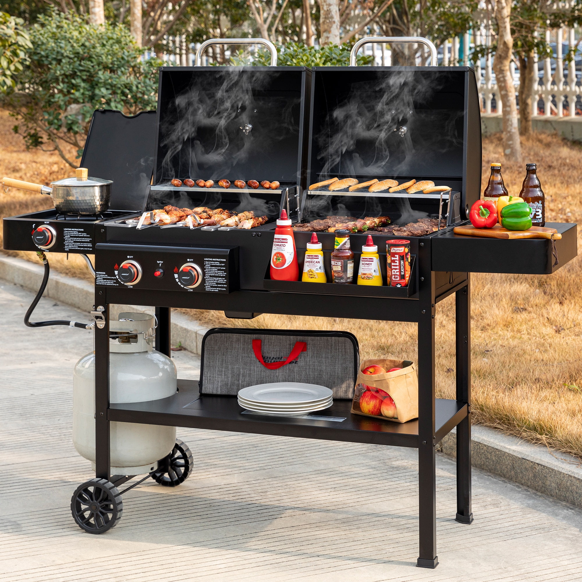 Royal Gourmet ZH3005 2-Burner Gas and Charcoal Combo Grill with Side Burner, 34,000 BTU Dual Fuel Grill for Outdoor Patio Garden Picnic Backyard Cooking, Black